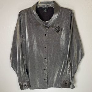 Halston Long Sleeve Button Down Metallic Blouse